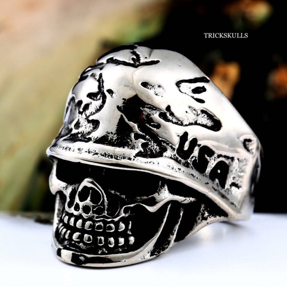 Soldier Skull Camo Helmet Military 316 Stainless Steel Ring Sizes 7 8 9 10 - Picture 3 of 7